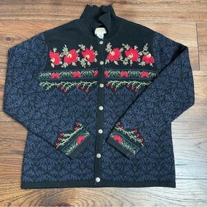 Talbots Poinsettia Holiday Lambswool Cardigan Sweater Size Medium